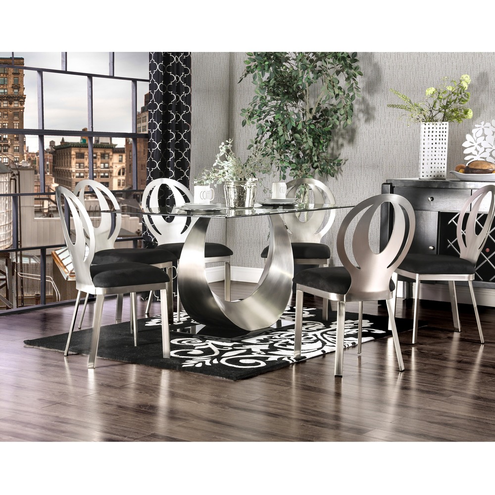 Furniture of America Heer Modern Black Steel U-shaped Pedestal 7-Piece Dining Set