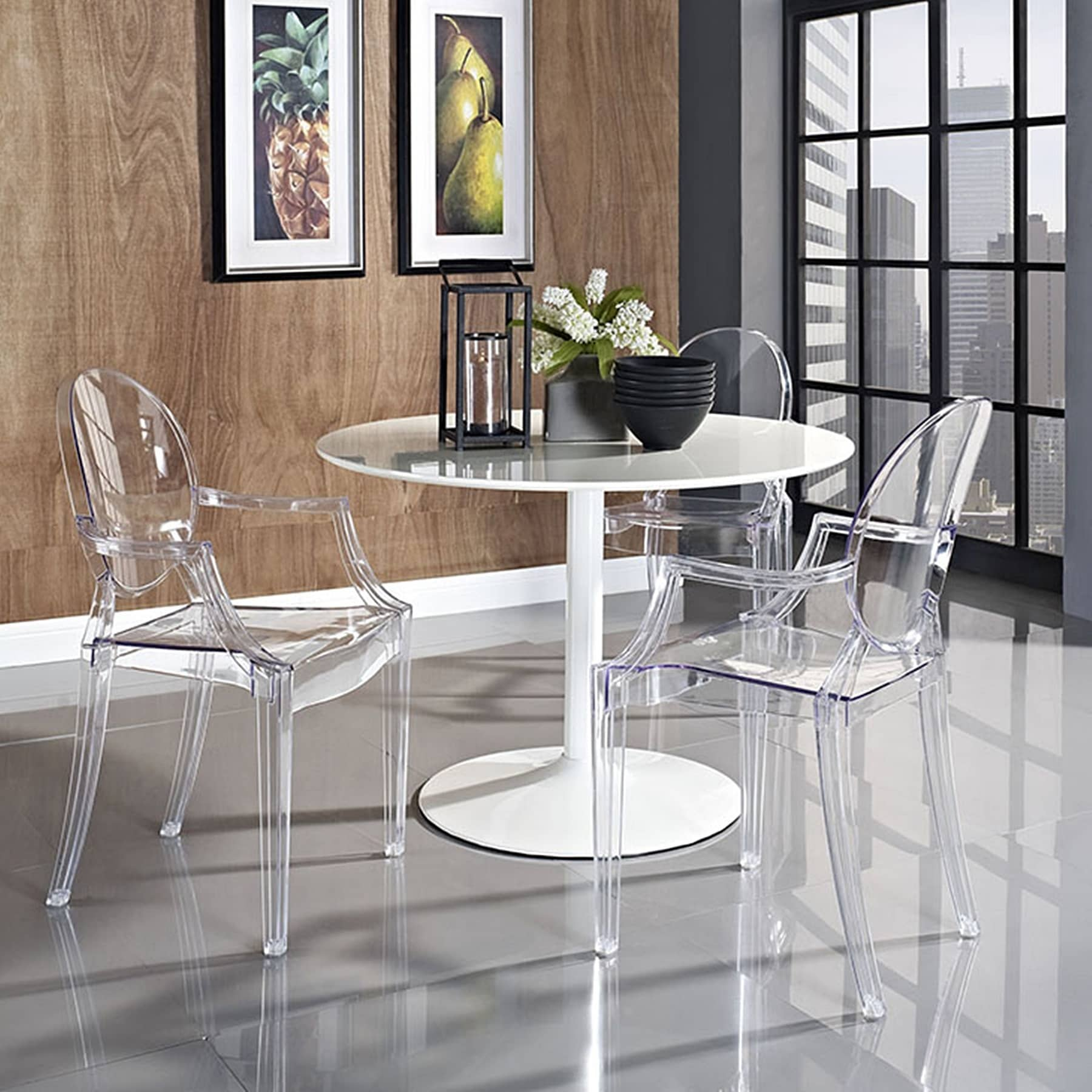 dining room with clear chairs