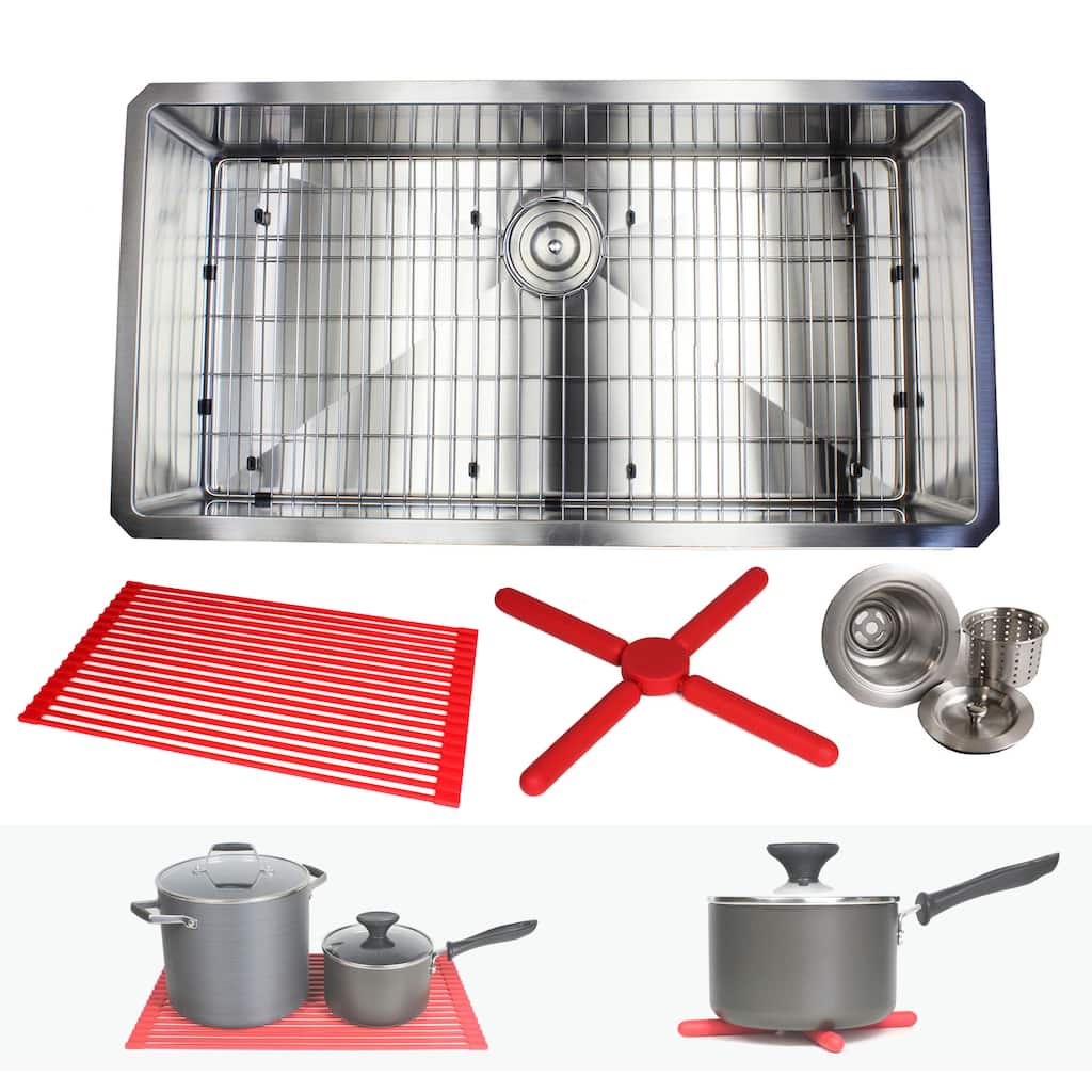 36-inch Stainless Steel Single Bowl 15mm Radius Undermount Kitchen Sink with Accessories