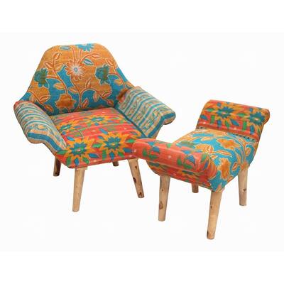 Handmade Blue/ Red/ Orange Kantha Chair and Ottoman Set (India)