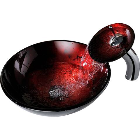 ANZZI Tone Series Deco-Glass Vessel Sink in Lustrous Tempered Red and Black with Matching Chrome Waterfall Faucet