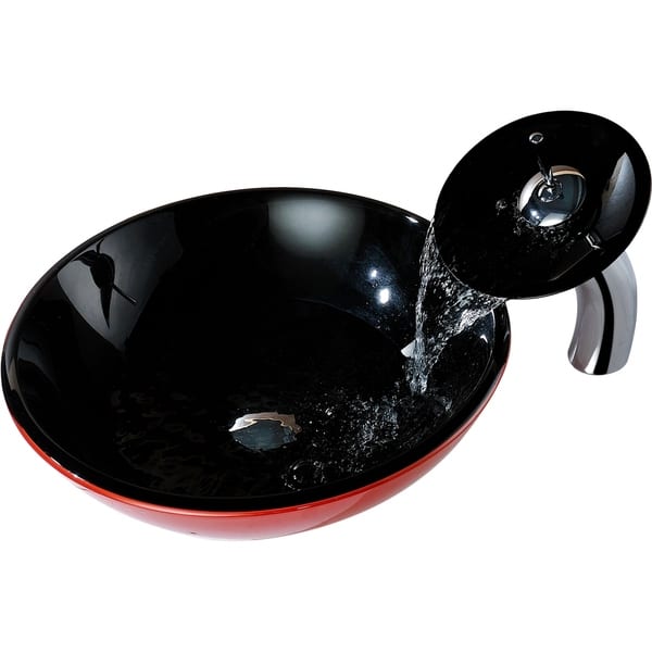 slide 2 of 15, ANZZI Chord Series Deco-Glass Vessel Sink in Lustrous Black and Red with Matching Chrome Waterfall Faucet