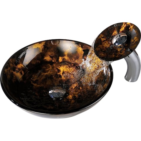 ANZZI Timbre Series Deco-Glass Vessel Sink in Kindled Amber with Matching Chrome Waterfall Faucet