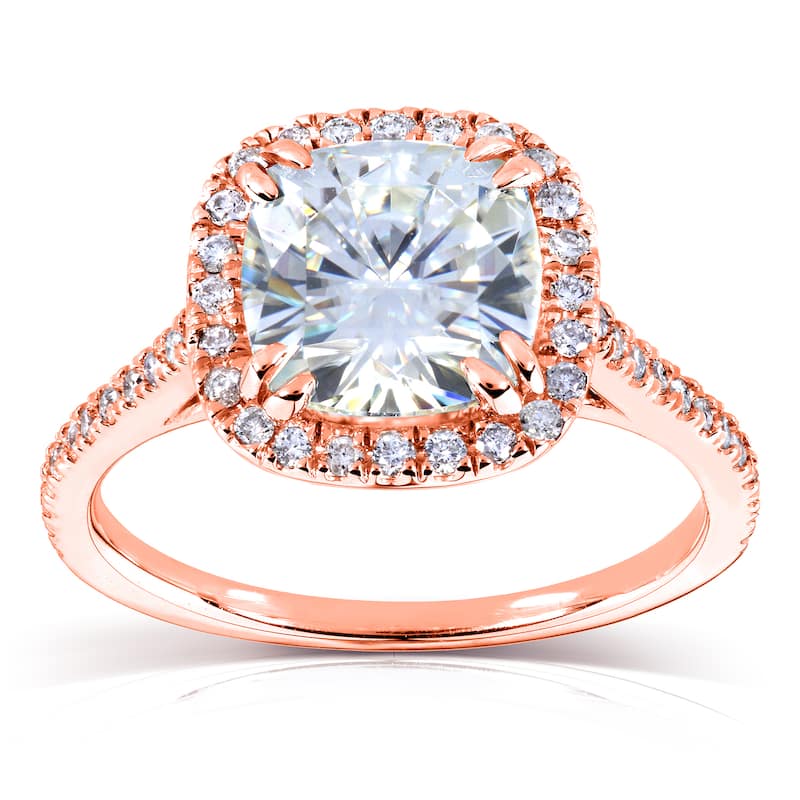 Annello by Kobelli 14k Rose Gold 2 1/4ct TGW Cushion Moissanite (H-I, 7.5mm) and Diamond Halo Engagement Ring