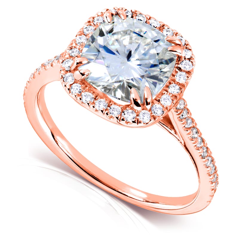 Annello by Kobelli 14k Rose Gold 2 1/4ct TGW Cushion Moissanite (H-I, 7.5mm) and Diamond Halo Engagement Ring