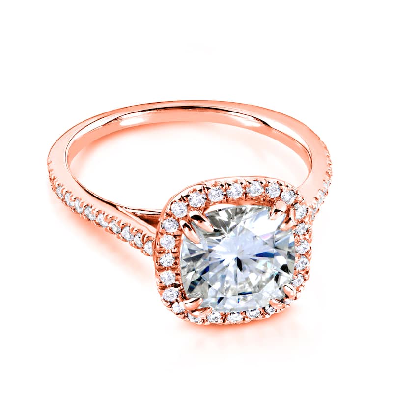 Annello by Kobelli 14k Rose Gold 2 1/4ct TGW Cushion Moissanite (H-I, 7.5mm) and Diamond Halo Engagement Ring