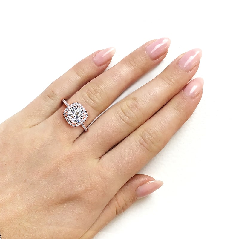 Annello by Kobelli 14k Rose Gold 2 1/4ct TGW Cushion Moissanite (H-I, 7.5mm) and Diamond Halo Engagement Ring
