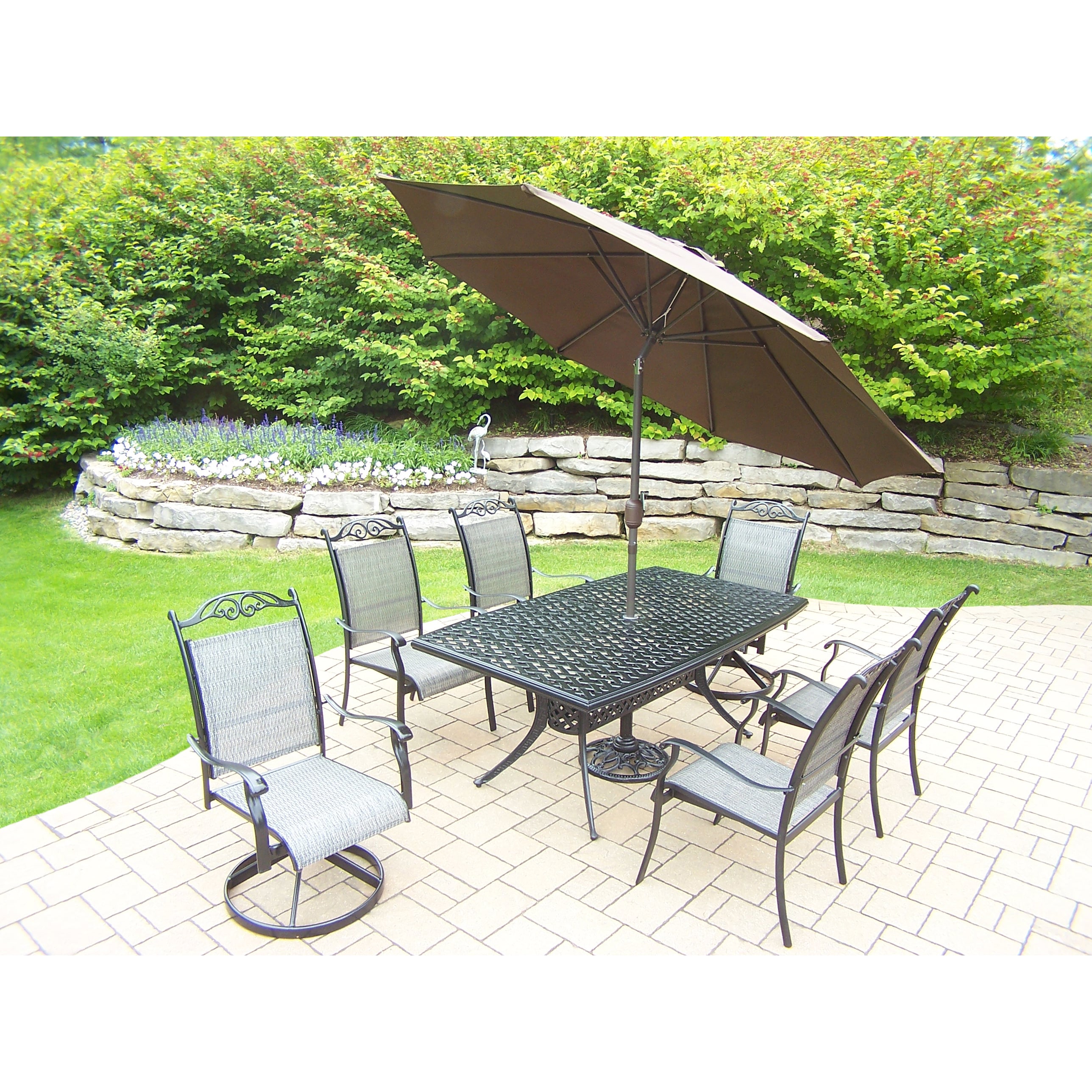 Shop Black And Brown Sling Back 9 Piece Shaded Patio Dining Set On Sale Overstock 13798411