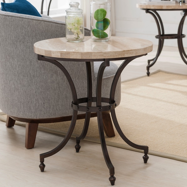 Round Travertine Stone Top Side Table with Rubbed Bronze ...