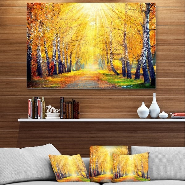 Designart Yellow Autumn Trees In Sunray Large Landscape Art Metal Wall Art Overstock 13821621