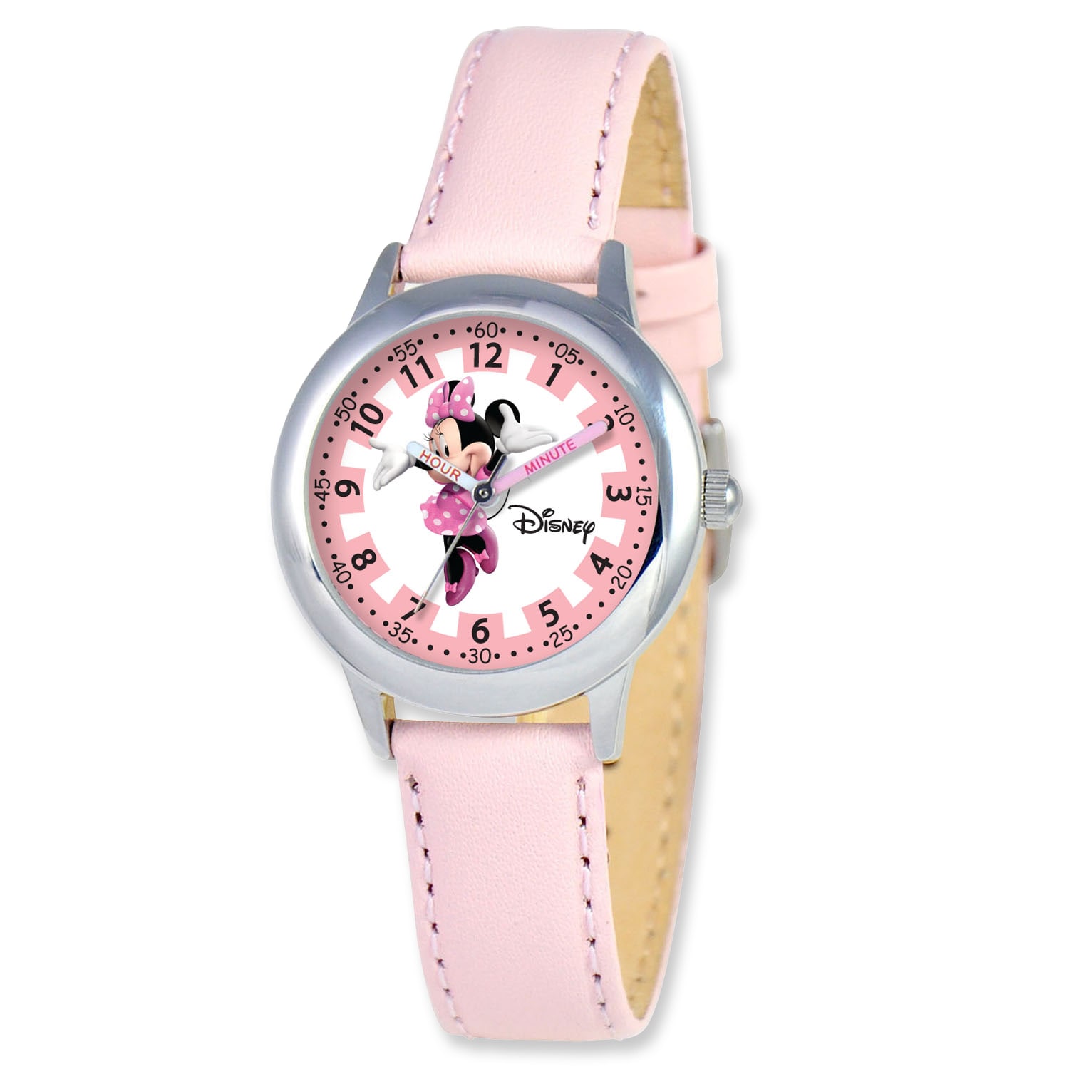 Shop Disney Kids Minnie Mouse Pink Leather Band Time Teacher Watch
