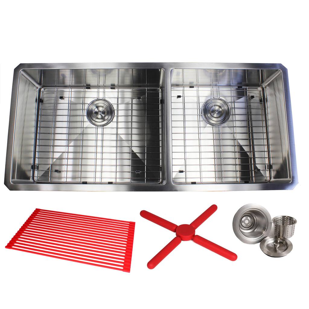 42" Stainless Steel 15mm Radius Double 60/40 Bowl 16 Gauge Undermount Kitchen Sink Complete Combo Accessories