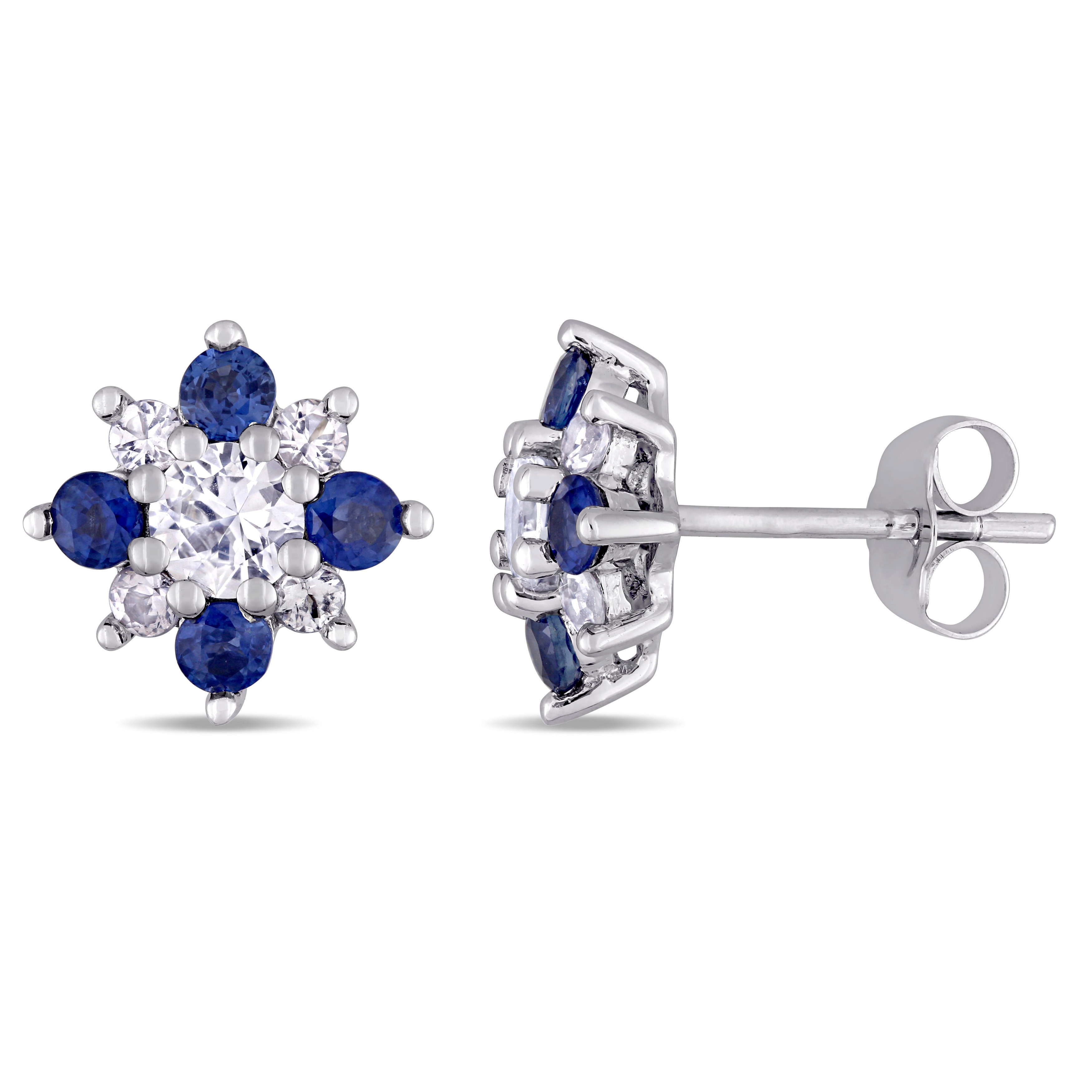 Blue and White Sapphire Flower Cluster Dangle Earrings 14K Yellow or White Gold 