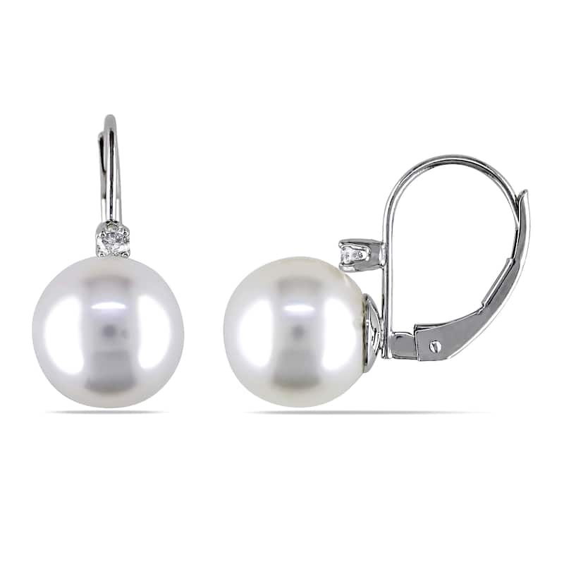 Miadora 14k White Gold Cultured South Sea Pearl and 1/10ct TDW Diamond Leverback Earrings (G-H, SI1-SI2)(9-10mm)