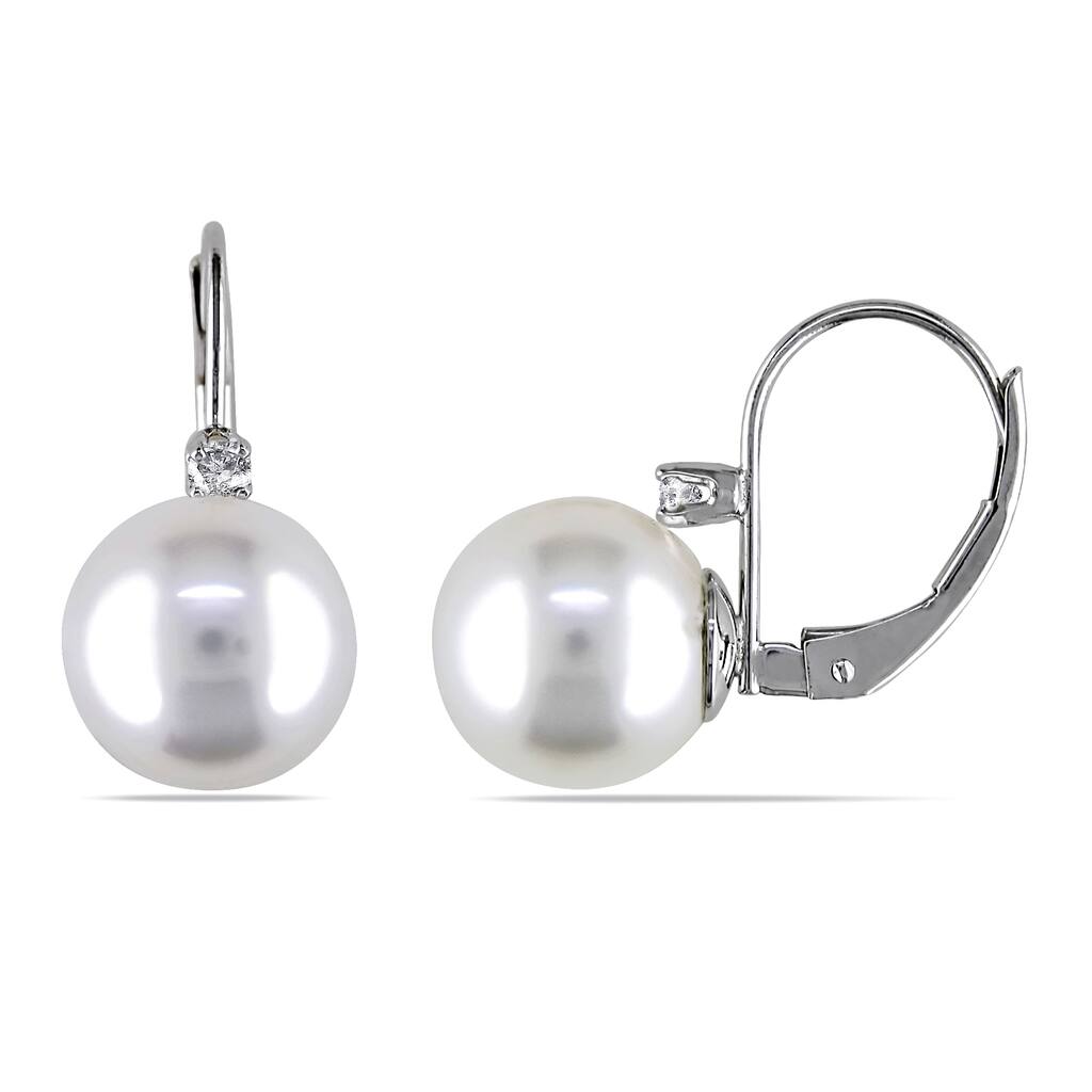 Miadora 14k White Gold Cultured South Sea Pearl and 1/10ct TDW Diamond Leverback Earrings (G-H, SI1-SI2)(9-10mm)