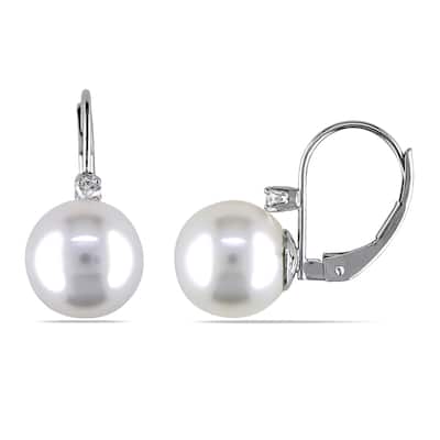 Miadora 14k White Gold Cultured South Sea Pearl and 1/10ct TDW Diamond Leverback Earrings (G-H, SI1-SI2)(9-10mm)