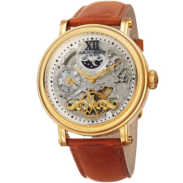 Akribos XXIV Men's Multifunction Automatic Skeleton Dual Time Tan Leather Strap Watch