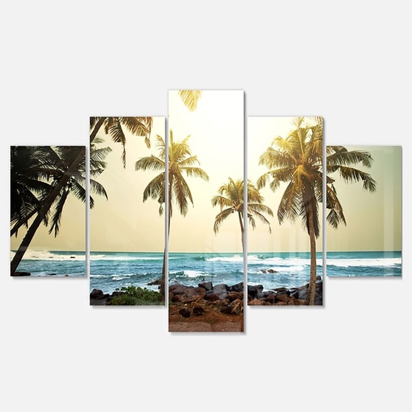 Designart 'Rocky Tropical Beach with Palms' Seashore Metal Wall Art ...