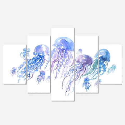 Designart 'Blue Purple Jellyfish Group' Animal Metal Wall Art
