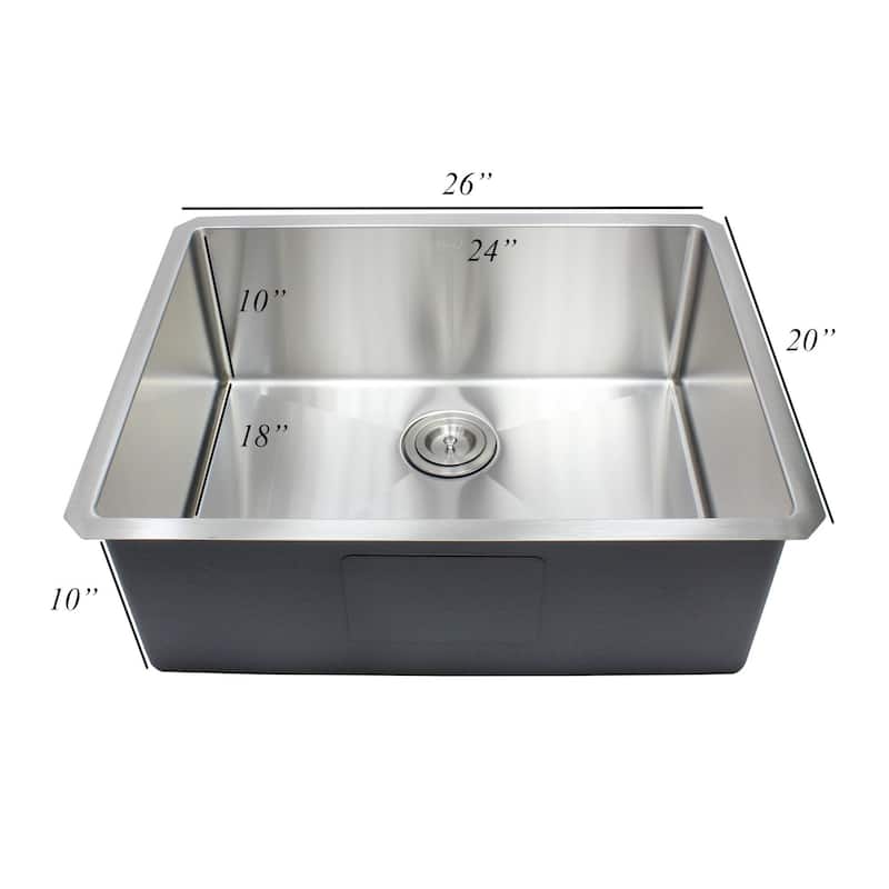 26" Stainless Steel 15mm Radius Single Bowl 16 Gauge Undermount Kitchen Sink Complete Combo Accessories