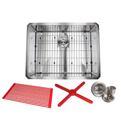 26" Stainless Steel 15mm Radius Single Bowl 16 Gauge Undermount Kitchen Sink Complete Combo Accessories