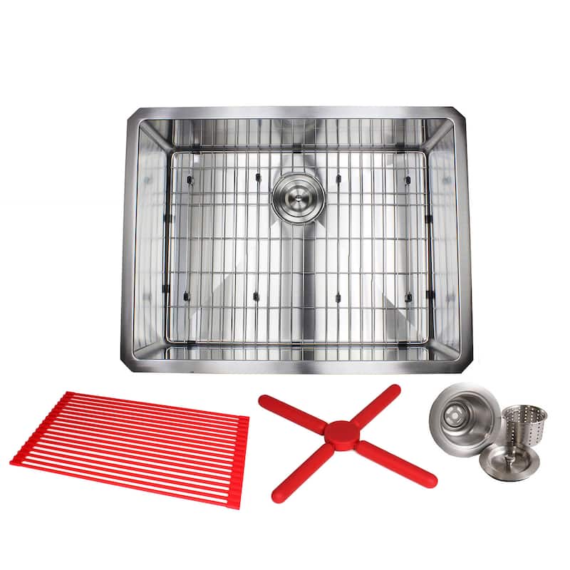 26" Stainless Steel 15mm Radius Single Bowl 16 Gauge Undermount Kitchen Sink Complete Combo Accessories