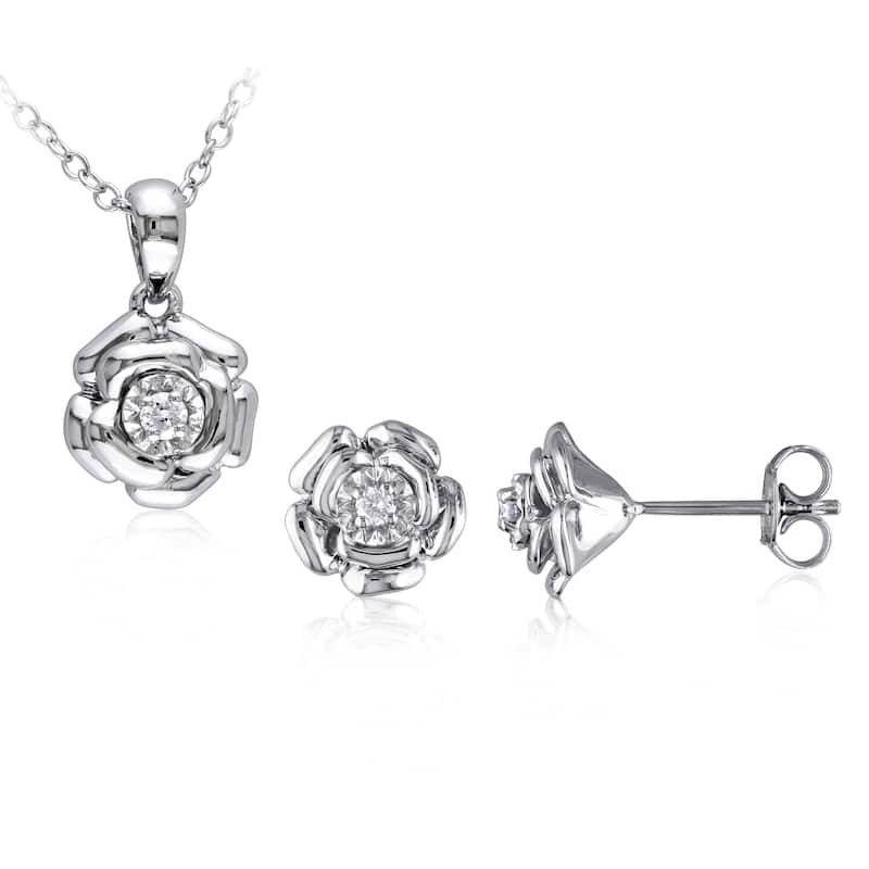 Miadora Sterling Silver 1/10ct TDW Diamond Flower Stud Earring and Necklace Set - White