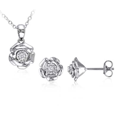 Miadora Sterling Silver 1/10ct TDW Diamond Flower Stud Earring and Necklace Set - White