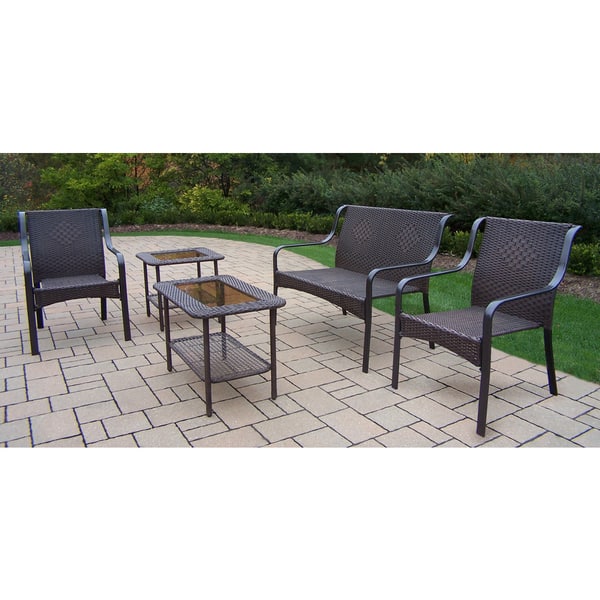 slide 1 of 1, Sedona Resin Wicker Seating Set with 1 Loveseat, 2 Chairs, 1 Side Table and 1 Coffee table in Coffee Finish
