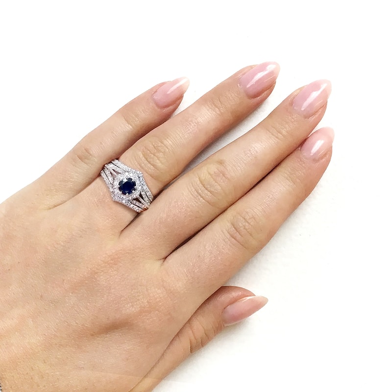 Annello by Kobelli 14k White Gold 1 1/3ct TGW Sapphire and Diamond Star Halo 8-Prong Bridal Set, 3pc