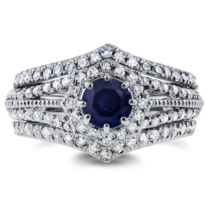 Annello by Kobelli 14k White Gold 1 1/3ct TGW Sapphire and Diamond Star Halo 8-Prong Bridal Set, 3pc