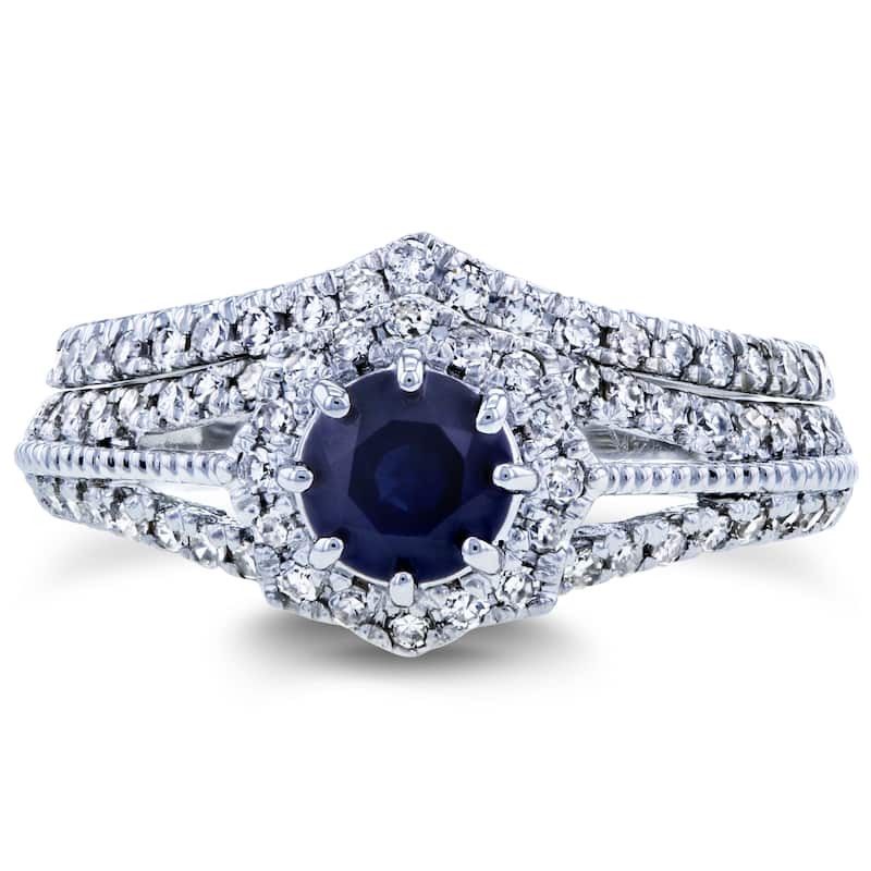 Annello by Kobelli 14k White Gold 1ct TGW Sapphire and Diamond Star Halo Chevron Bridal Rings Set