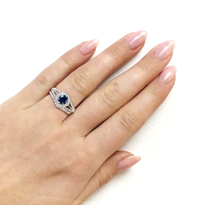 Annello by Kobelli 14k White Gold 1ct TGW Sapphire and Diamond Star Halo Chevron Bridal Rings Set