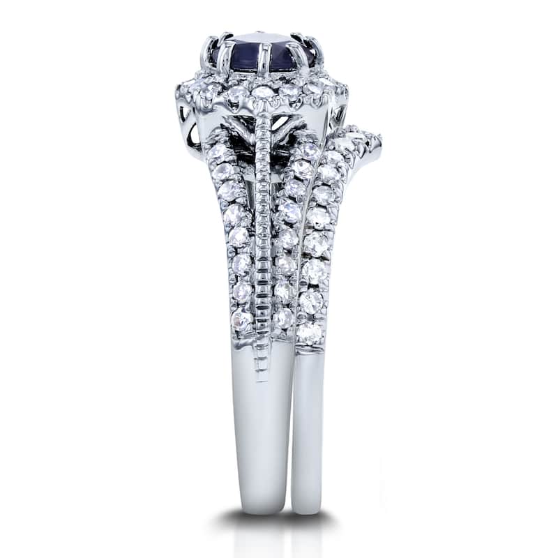 Annello by Kobelli 14k White Gold 1ct TGW Sapphire and Diamond Star Halo Chevron Bridal Rings Set