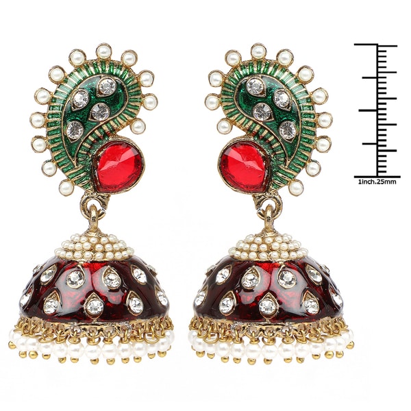 Sterling Silver Gold Plated Synthetic Cz Red Glass Dangle Earrings