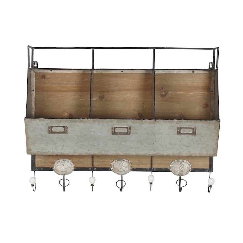 Designovation Arnica Brown Wood and Metal Wall Storage Unit with Hooks