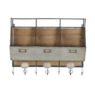 Designovation Arnica Brown Wood and Metal Wall Storage Unit with Hooks