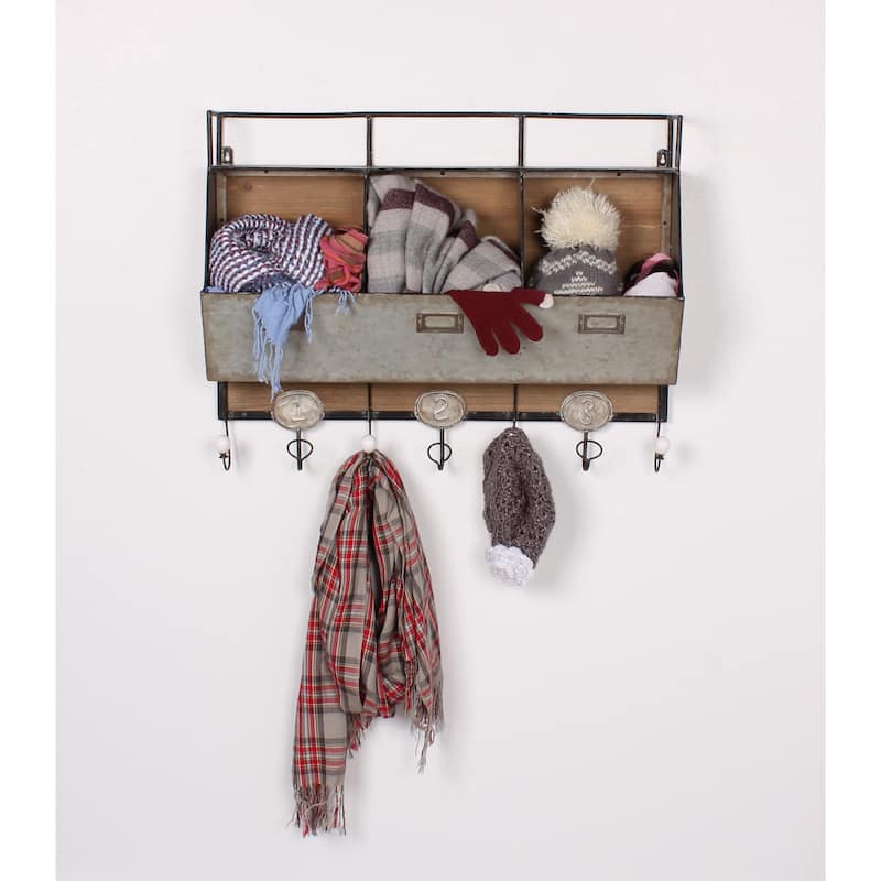Designovation Arnica Brown Wood and Metal Wall Storage Unit with Hooks