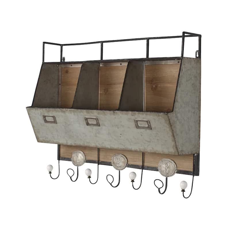 Designovation Arnica Brown Wood and Metal Wall Storage Unit with Hooks