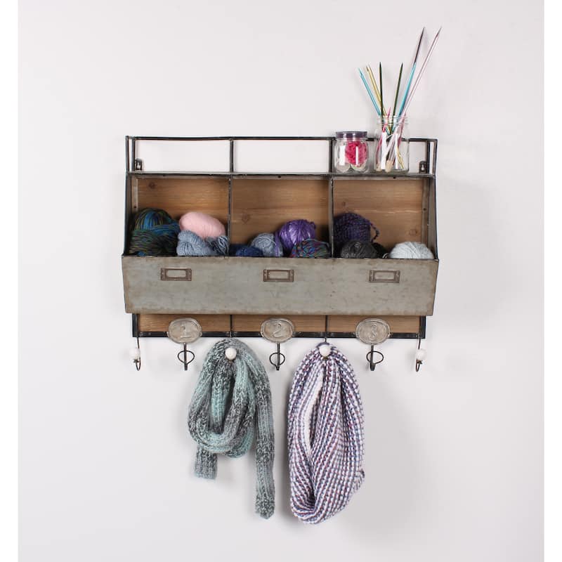 Designovation Arnica Brown Wood and Metal Wall Storage Unit with Hooks
