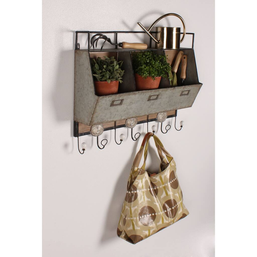 Designovation Arnica Brown Wood and Metal Wall Storage Unit with Hooks