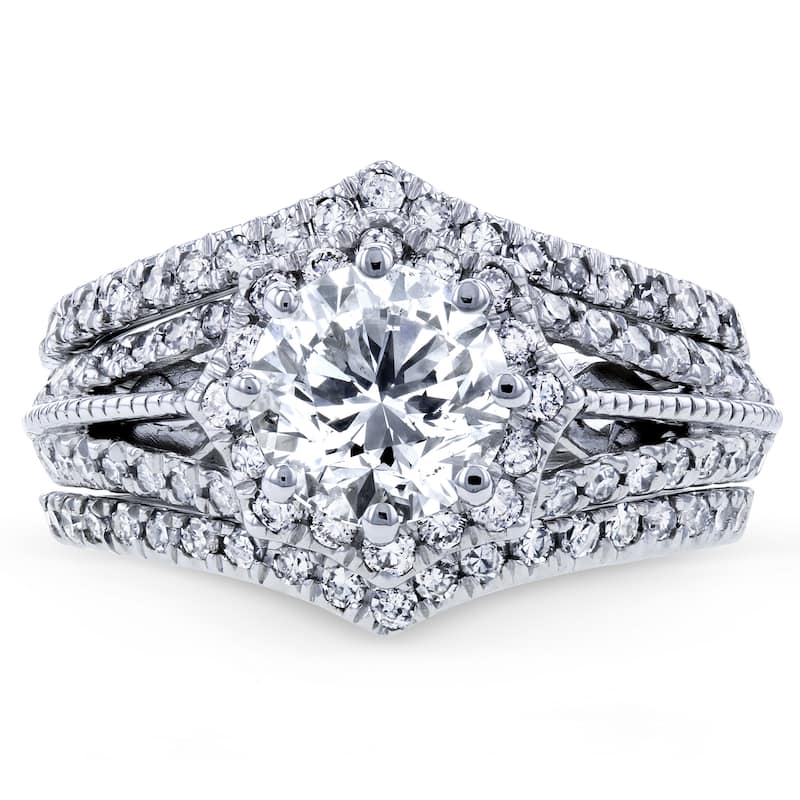 Annello by Kobelli 14k White Gold 1 5/8ct TDW Diamond Star Halo 3-Ring Bridal Set