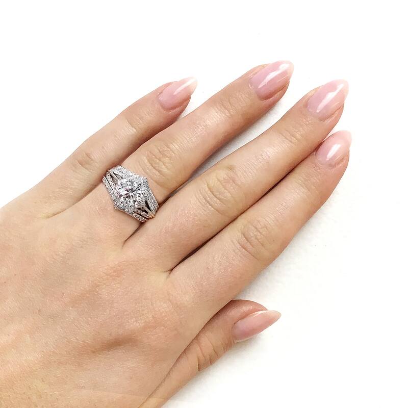 Annello by Kobelli 14k White Gold 1 5/8ct TDW Diamond Star Halo 3-Ring Bridal Set