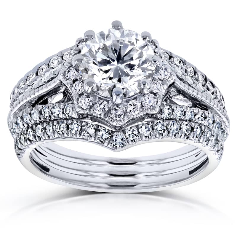 Annello by Kobelli 14k White Gold 1 5/8ct TDW Diamond Star Halo 3-Ring Bridal Set