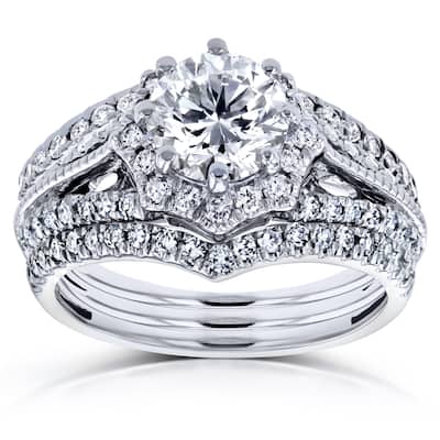 Annello by Kobelli 14k White Gold 1 5/8ct TDW Diamond Star Halo 3-Ring Bridal Set