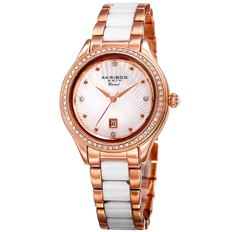 Akribos XXIV Women's Quartz Diamond Oyster Shell Pattern Rose-Tone Bracelet Watch