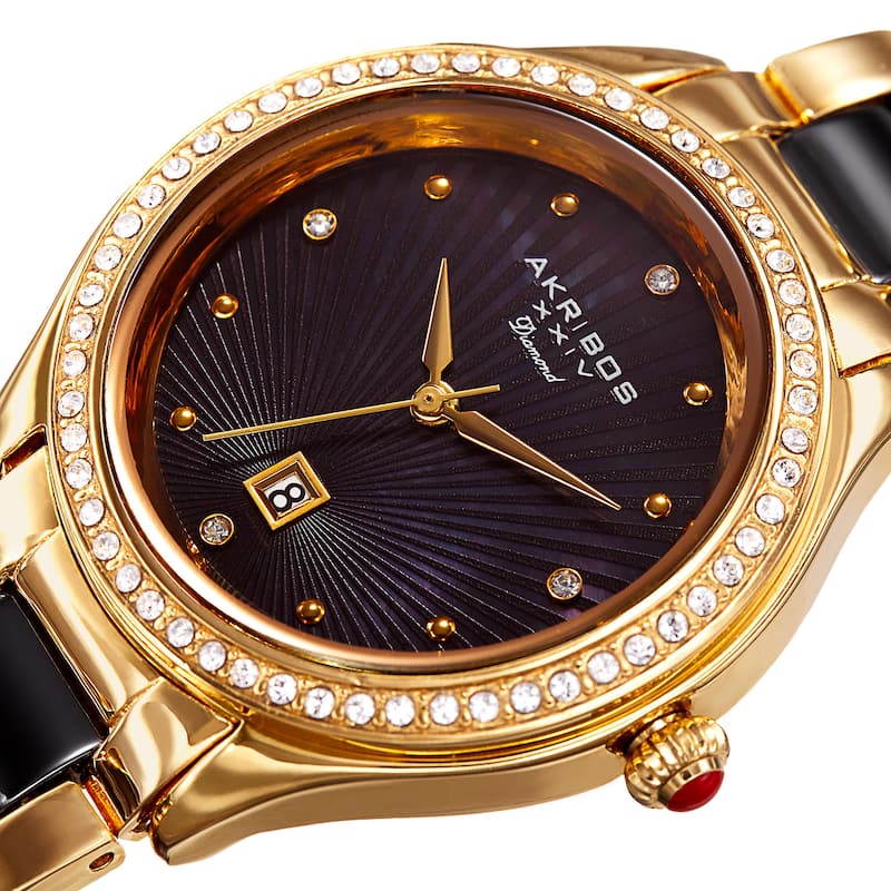 Akribos XXIV Women's Quartz Diamond Oyster Shell Pattern Gold-Tone/Black Bracelet Watch