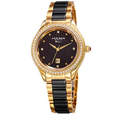 Akribos XXIV Women's Quartz Diamond Oyster Shell Pattern Gold-Tone/Black Bracelet Watch