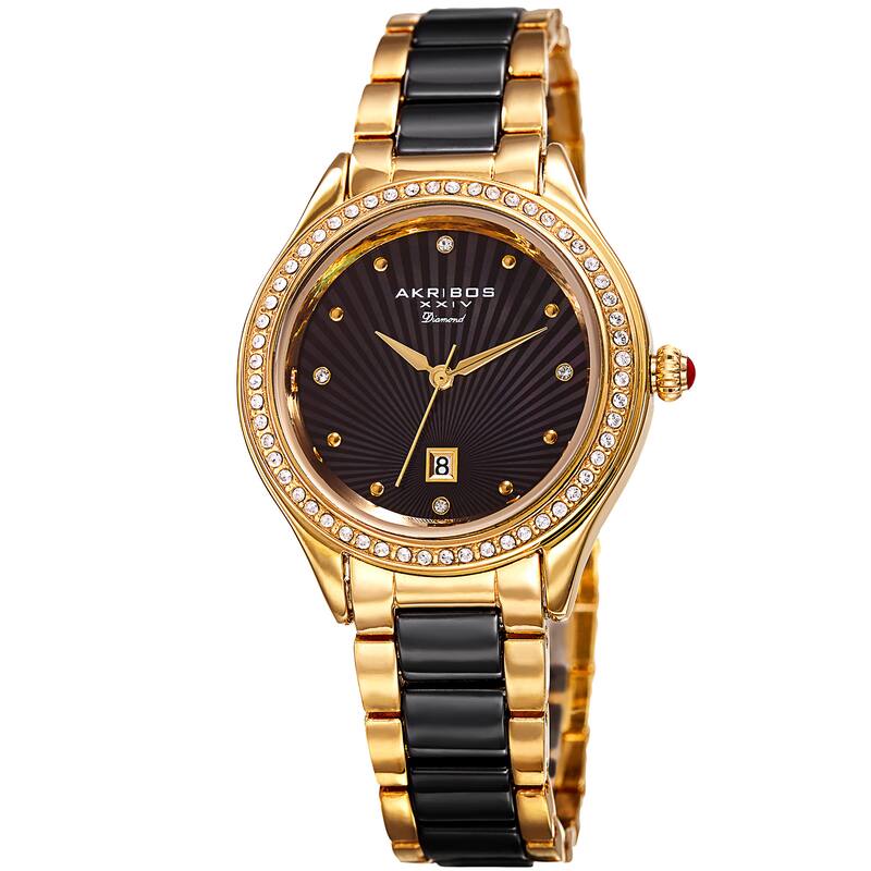 Akribos XXIV Women's Quartz Diamond Oyster Shell Pattern Gold-Tone/Black Bracelet Watch
