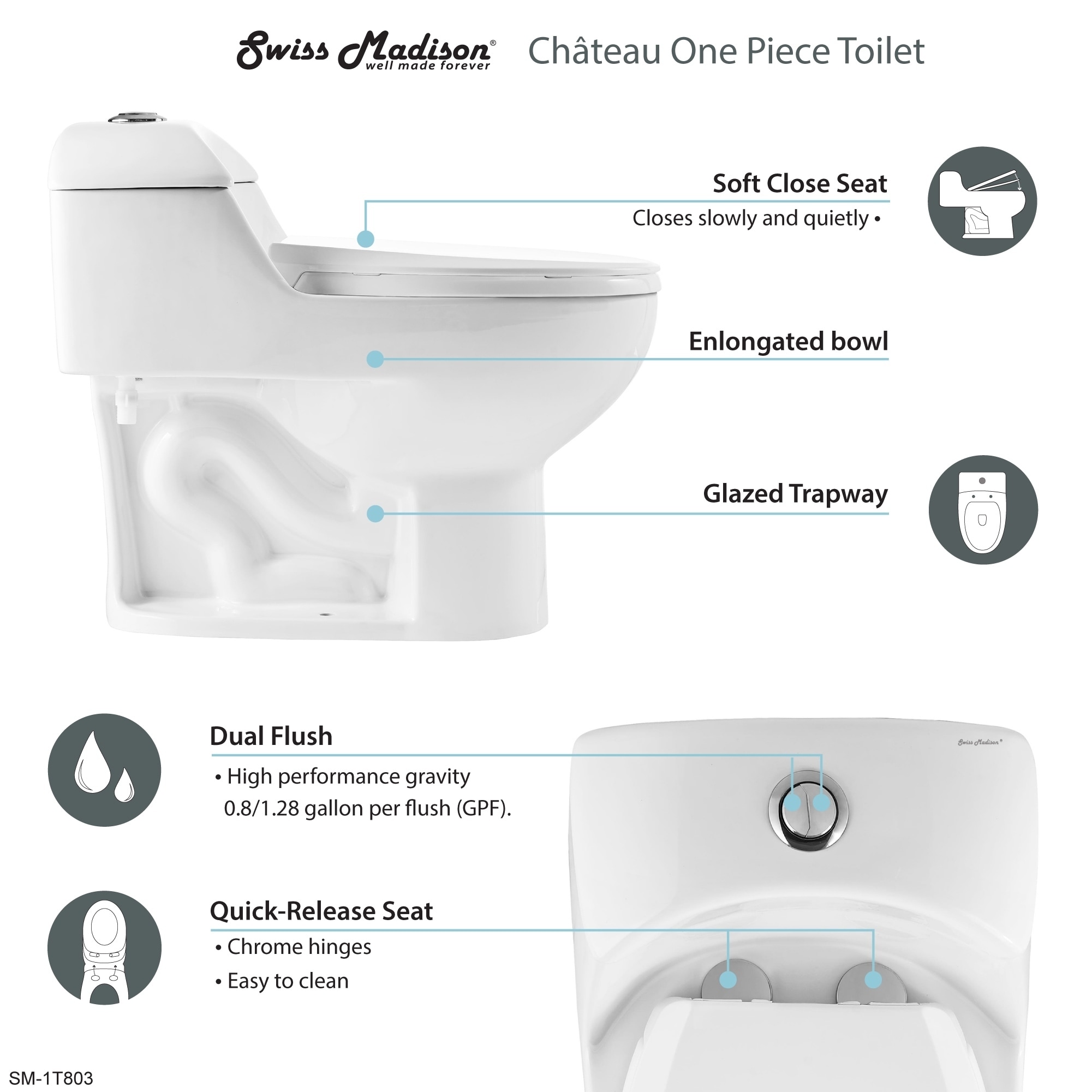 Swiss Madison SM-1T803 Chateau Elongated Toilet Dual Flush 0.8//1.28 Gpf Soft Closing Quick Release Seat Included